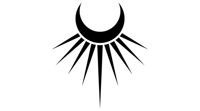 Minimalist black crescent moon silhouette with sharp radiating starburst rays forming tribal vector logo graphic