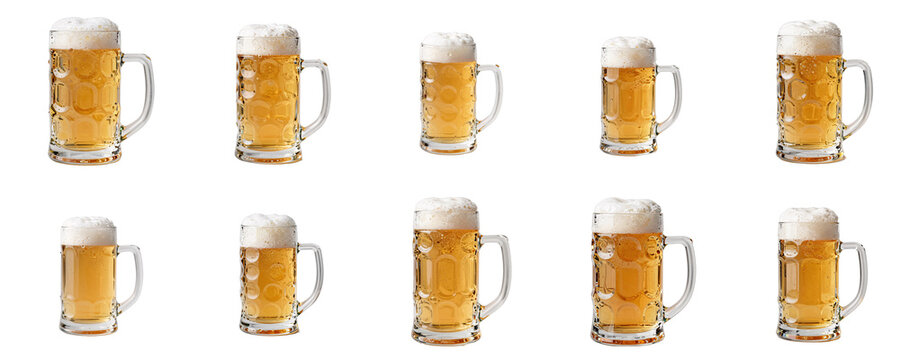 Multiple beer steins filled with golden beer and white foam against black background