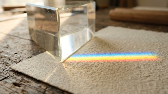 Glass Prism Casting Rainbow Light Spectrum on Textured Paper