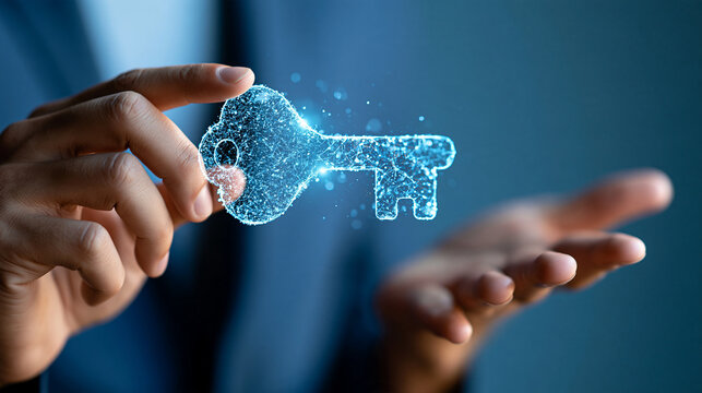 Hand holding a glowing digital key representing secure access to cloud-based digital assets, enterprise content management, cloud security, access control, data protection,