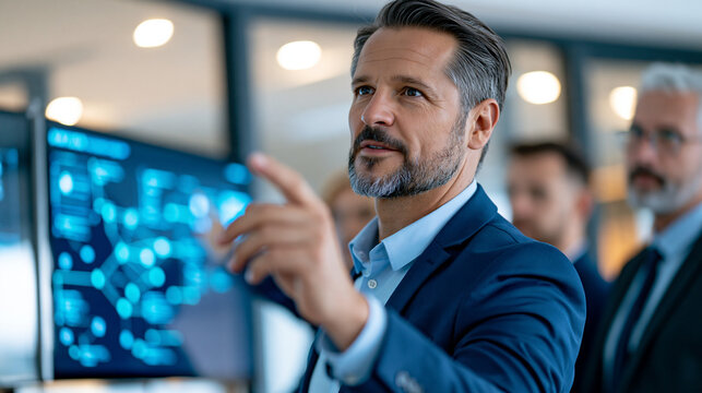 Knowledge management specialist presenting a searchable digital content library architecture to business leaders inside a glass-walled office, enterprise taxonomy, information