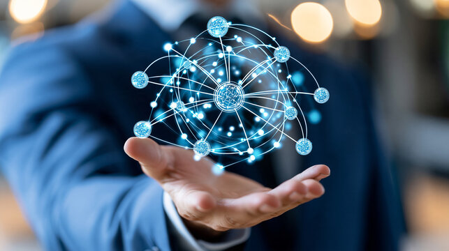 Businessman holding a glowing holographic content strategy framework with interconnected marketing channels, digital publishing, content planning, business growth, enterprise