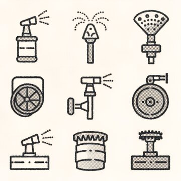 Various irrigation devices in a minimalist style with a focus on gardening tools