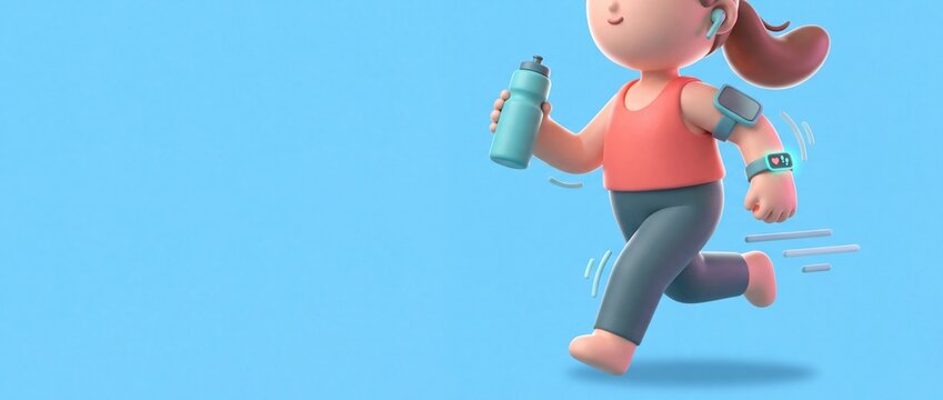 3D illustration of a woman jogging with a water bottle and a smartwatch