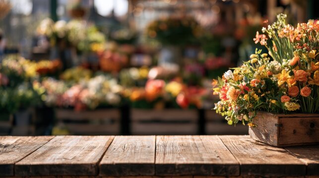 A wooden table surface stands empty in front while a flower market presents colorful displays in the background during a spring day.