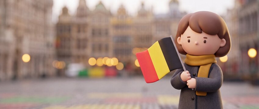 3D render of a cute cartoon girl holding the flag of Belgium against a blurred city background