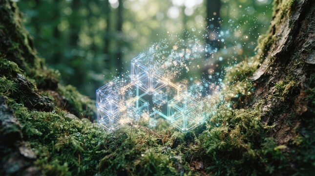 Digital cubes dissolving into glowing particles in a mossy forest
