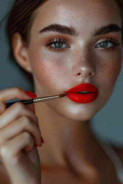 A beautiful young woman with a makeup brush. Natural makeup for a brunette with red lips. 