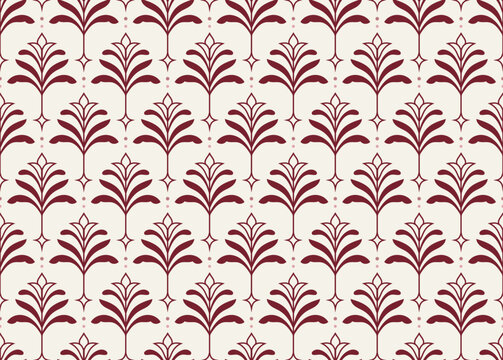 Burgundy Art Deco Floral Palm Seamless Vector Pattern