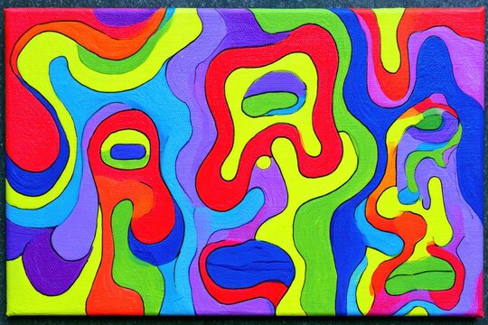 Colorful abstract canvas painting with psychedelic wavy lines, vibrant trippy liquid artwork pattern