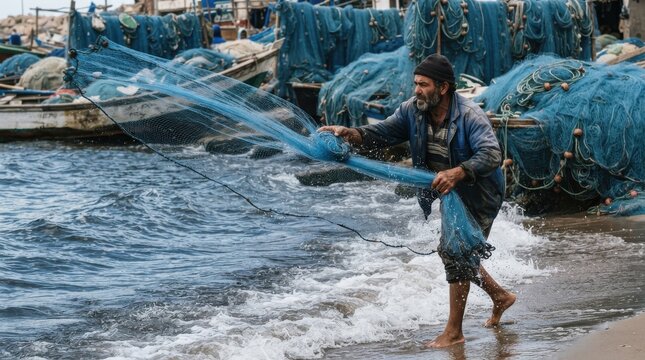 Fisherman casting blue net into the sea near boats on the shore