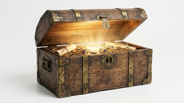 Open wooden treasure chest filled with glowing gold coins and ancient scrolls