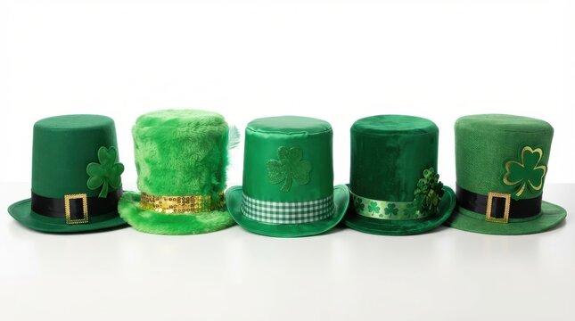 Five green leprechaun top hats for St Patricks Day in a row