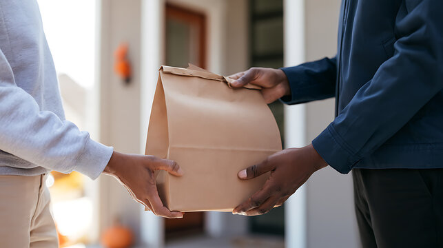 A courier deliver paper bag of food to a customer at home entrance door step, friendly human interaction service for online meal order