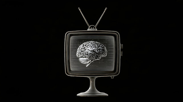 Retro television set with human brain graphic displayed on screen against dark background concept of media influence and mental control