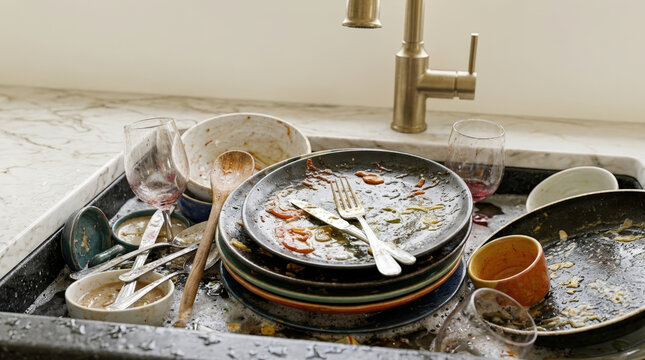 Kitchen sink overflowing with dirty dishes and unwashed plates. Messy kitchen sink filled with plates, glasses and cutlery after dinner