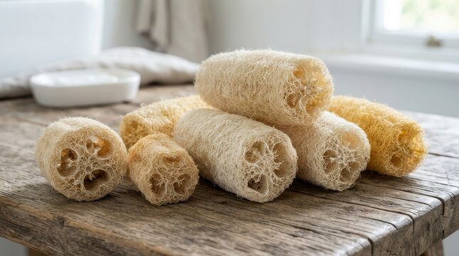 Natural loofah sponges on a rustic wooden table