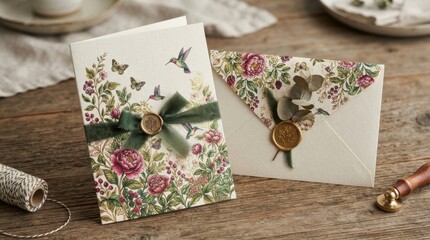 Obraz premium Floral greeting card with hummingbirds, green ribbon and wax seal on wooden table