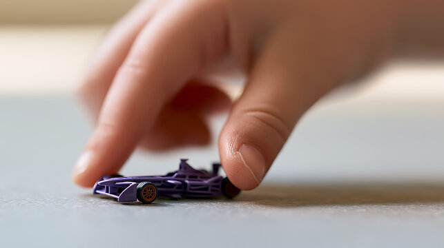 Child hand touch purple mini racing car model on table, close up macro shot of kid play toy vehicle, cute childhood moment and hobby