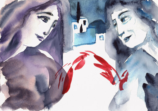 Mary and Elizabeth at the Visitation, Hand-Painted Watercolor
