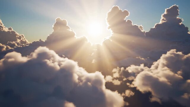 Golden sunbeams break through soft clouds during a heavenly sunrise with cinematic motion and subtle camera drift