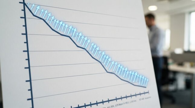 Downward trend chart with upward arrows in an office