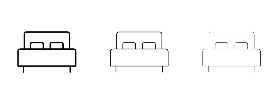 Set of three simple bed icons with different line weights for modern interior design projects