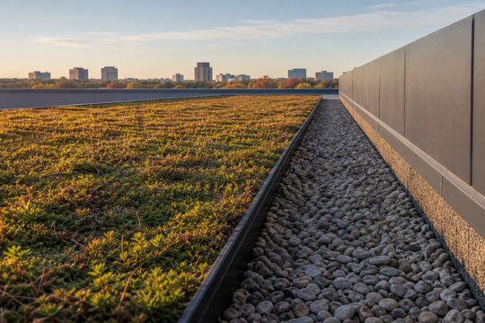 Vegetated roof maintenance after autumn cleanup with intact root barrier and trimmed sedum beside gravel