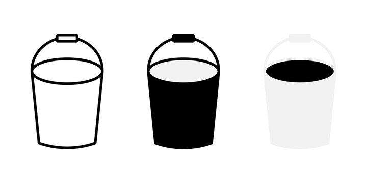 Set of three simple bucket icons with handle in outline solid and silhouette style