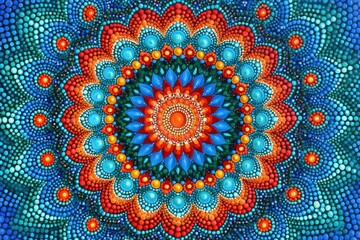 Obraz premium Hand painted dot mandala, intricate floral pattern, vibrant orange and blue circular art piece
