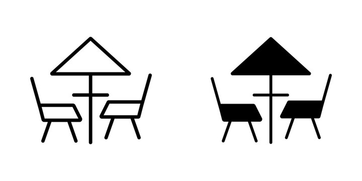 Outdoor cafe table with two chairs and umbrella icon set