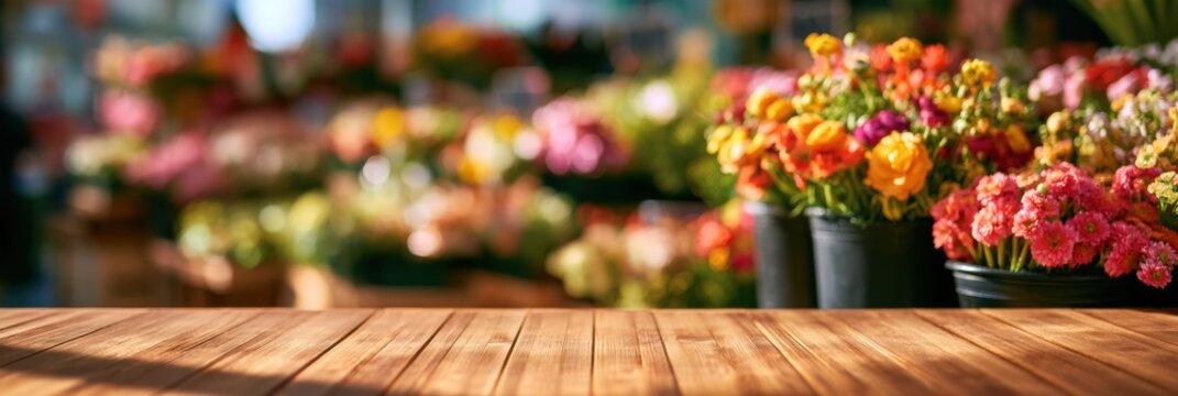 An empty wooden table surface is in the foreground with a blurred flower market in the background filled with colorful flowers and pots.