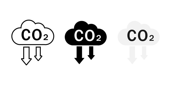 Set of co2 cloud icons with downward arrows representing carbon emission reduction or capture