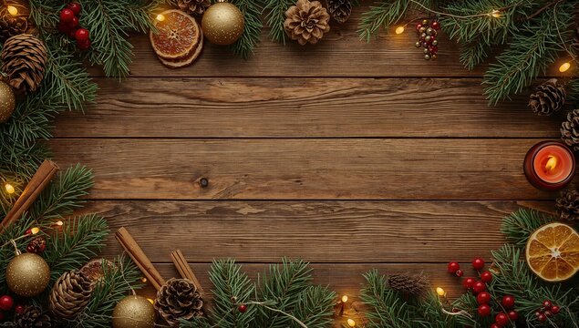 Fondo navide&ntilde;o de madera con rodajas de naranja seca, pi&ntilde;as, bolas doradas y ramas de abeto