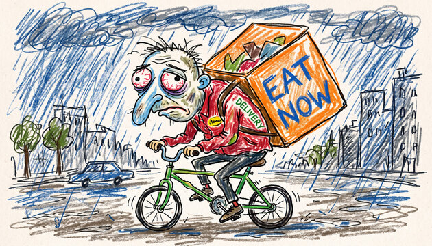 Tired food delivery courier rides bicycle in rain carrying large backpack with food in city