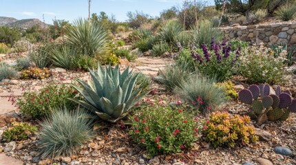 Fototapeta premium Desert garden landscape with native plants and cacti