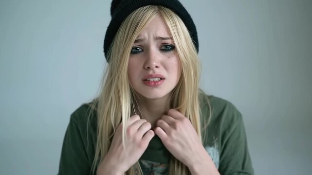 Young woman Aggressively pulling at the collar of a shirt as if feeling suffocated by emotion.