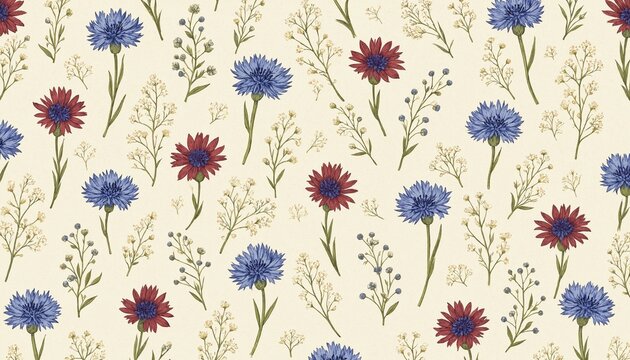 Seamless floral pattern with hand drawn blue cornflowers and red wildflowers on a cream background