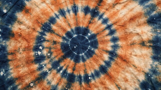 Tie-dye fabric with concentric spiral pattern in blue and orange