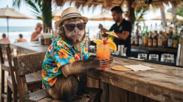 Monkey wearing sunglasses and Hawaiian shirt holding a cocktail at beach bar