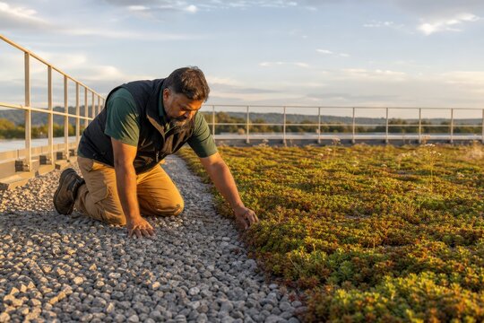 South Asian contractor inspecting gravel safety strip beside sedum during vegetated roof maintenance