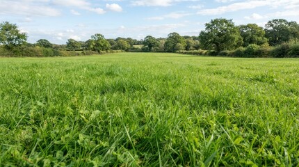 Obraz premium Vibrant green meadow landscape with trees and cloudy blue sky