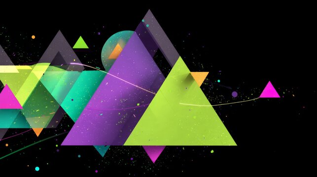 Colorful transparent geometric triangles overlay with neon glowing details. Abstract futuristic design for happy birthday banners.
