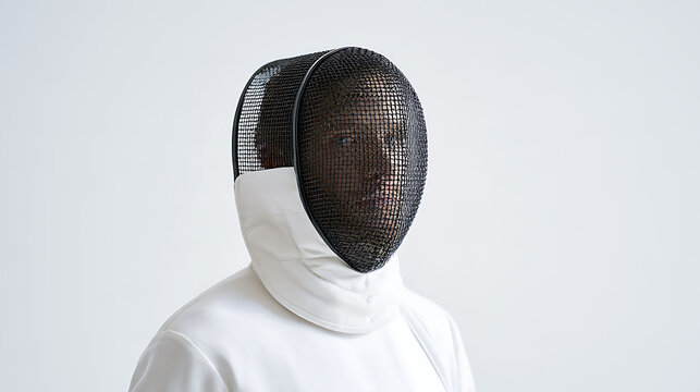 Portrait of a focused athlete wearing a protective fencing mask and white uniform standing against a clean minimal studio background today