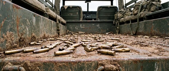 Obraz premium Spent bullet casings litter the dirty bed of a military truck, hinting at recent conflict and the harsh realities of war.
