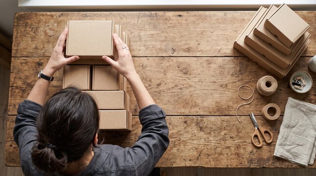 Overhead view of hands packing cardboard boxes on a rustic wooden table with shipping supplies