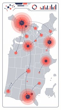US map infographic showing viral outbreak spread with regional hotspots and data charts. Features red concentric circles and dashed lines on a grey map for epidemiological analysis.