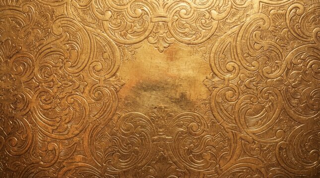 Ornate golden baroque embossed pattern texture with vintage flourish designs