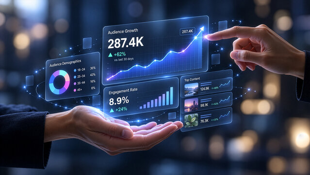 Dashboard de redes sociales con crecimiento de audiencia &mdash; Social media dashboard with audience growth