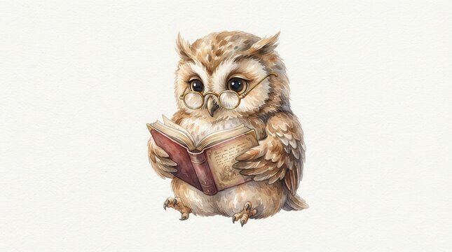 Cute owl wearing glasses and reading an open book